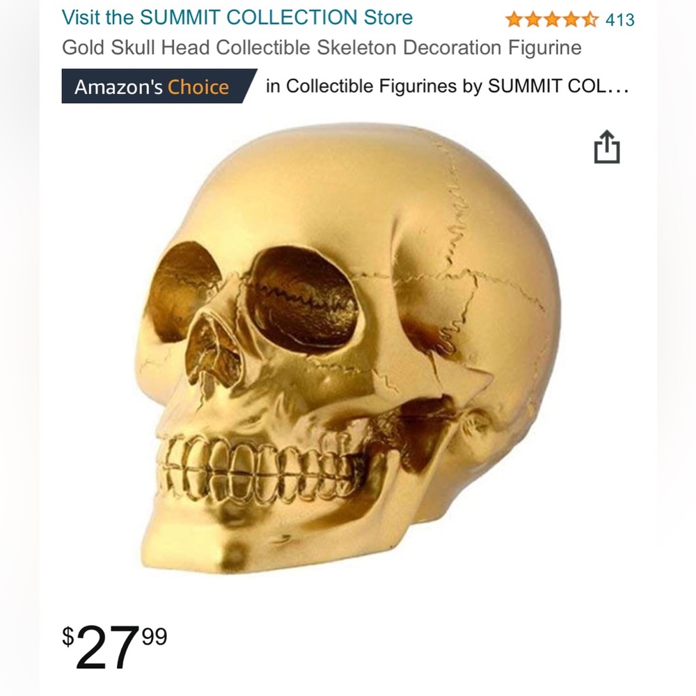 Gold Skull Head Collectible Skeleton Decoration Figurine